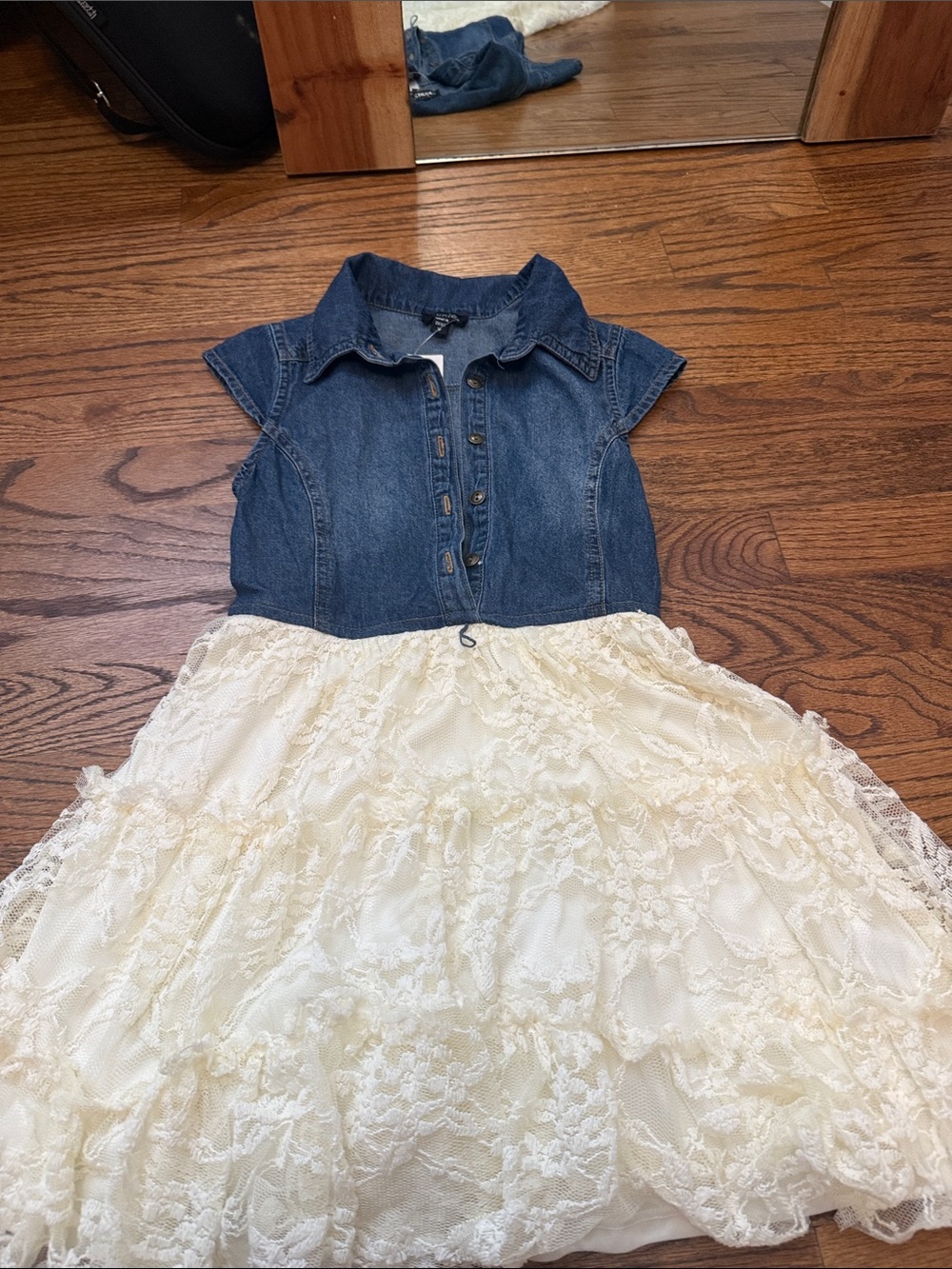 Zunie Girls Denim Top with Cream Lace Skirt